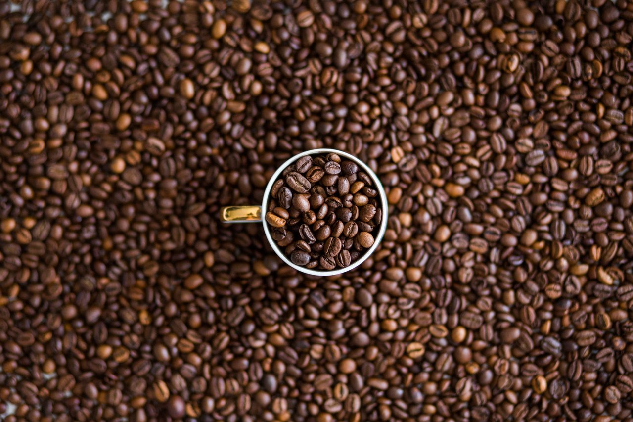 Coffee cup in the middle of coffee beans