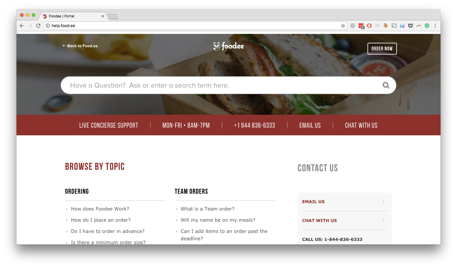 Screenshot of Foodee Help's homepage