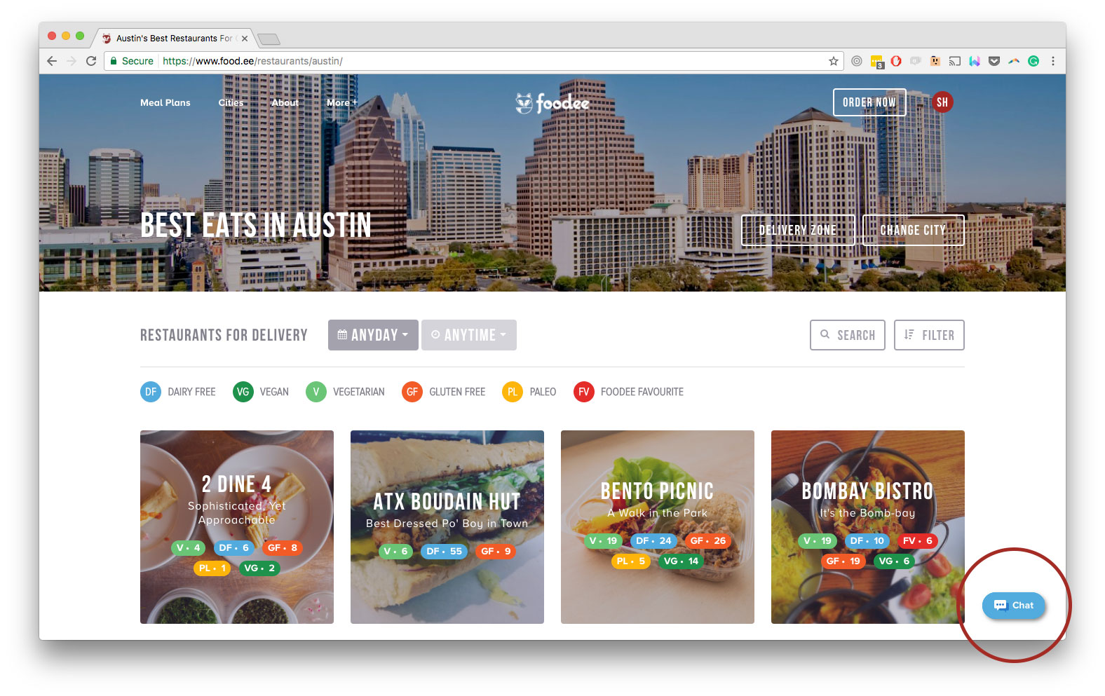 Screenshot of Foodee's homepage for Austin, TX