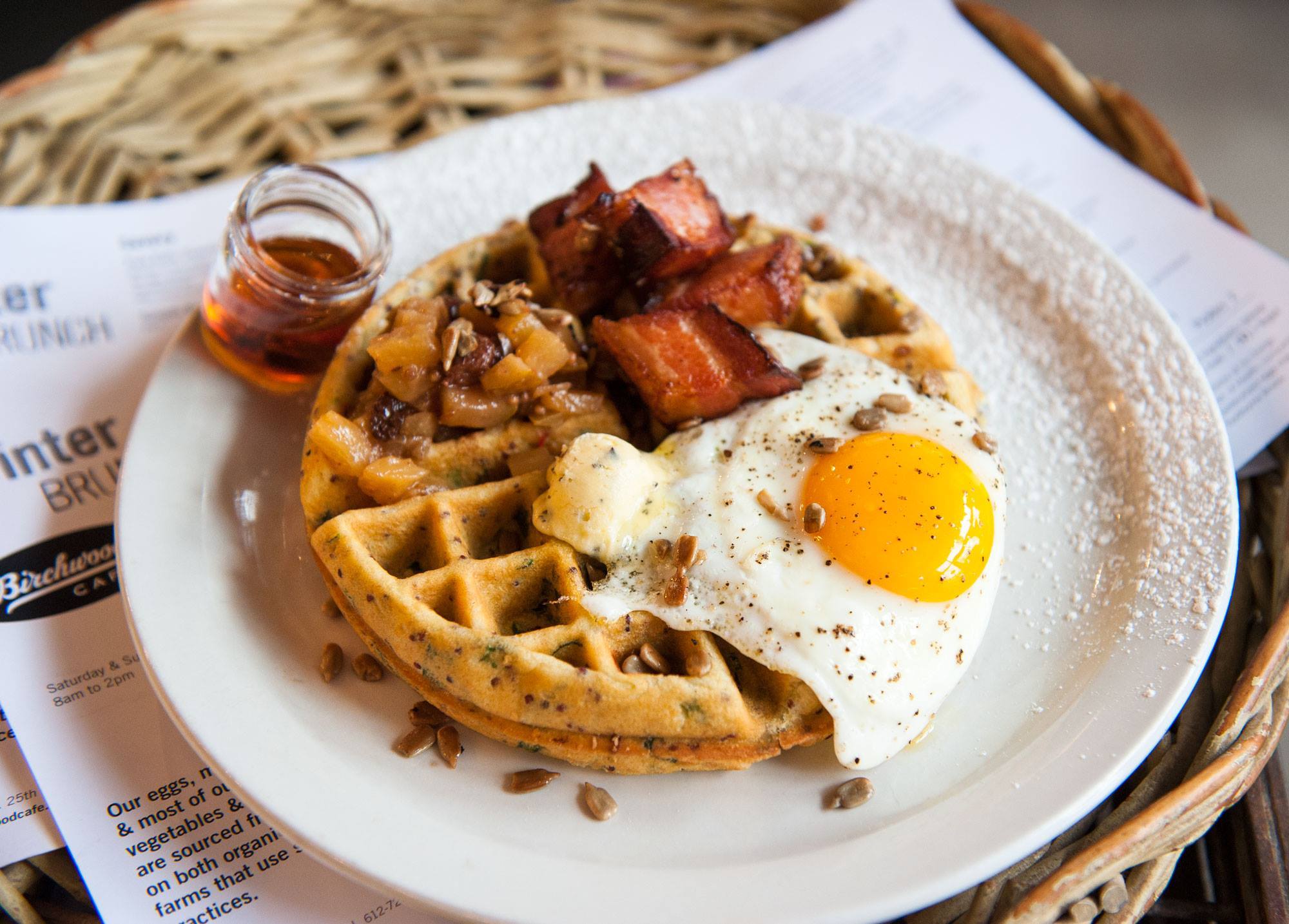 Birchwood Cafe's savory waffle with an egg and bacon