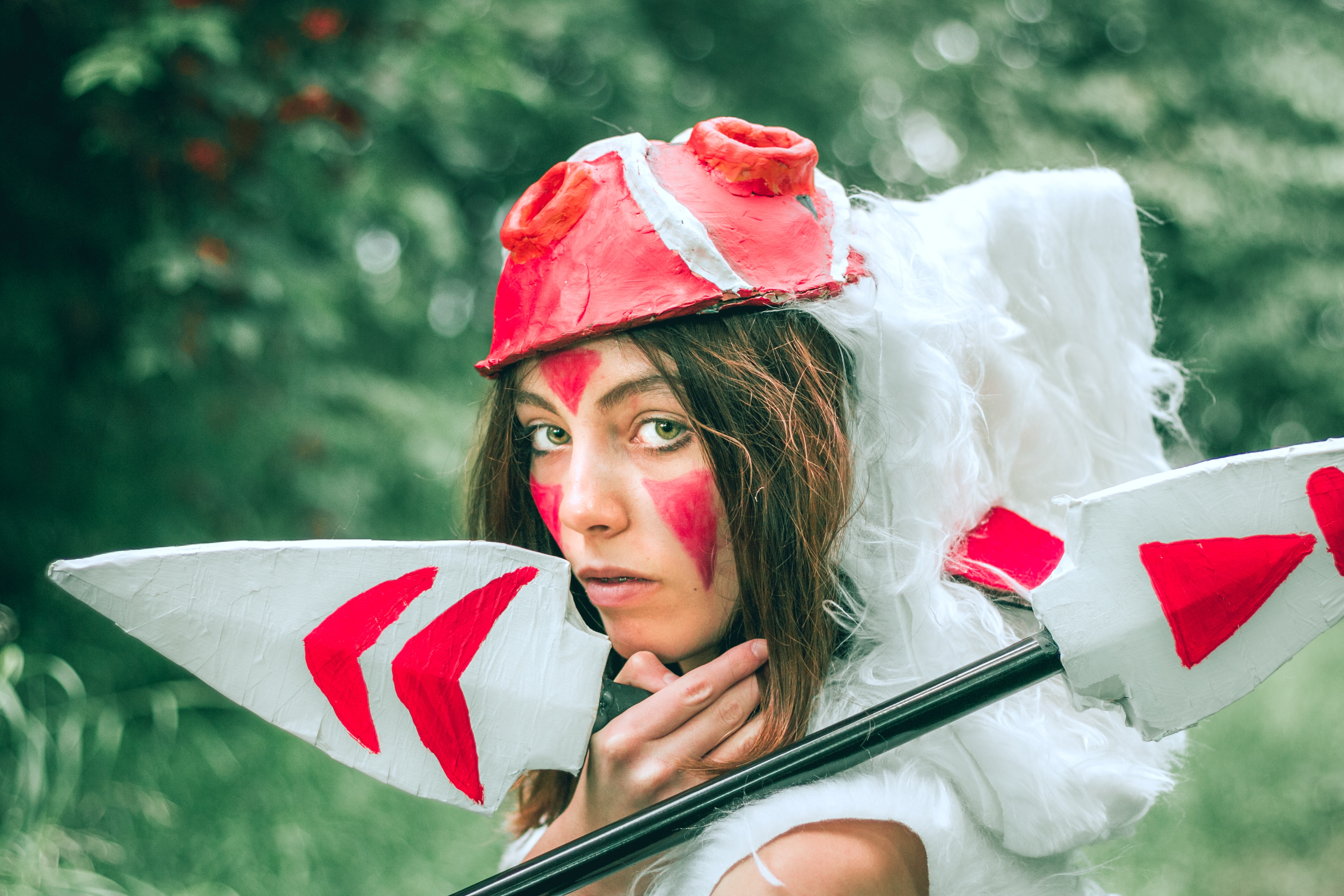 A woman dressed up for Halloween as a warrior of some kind