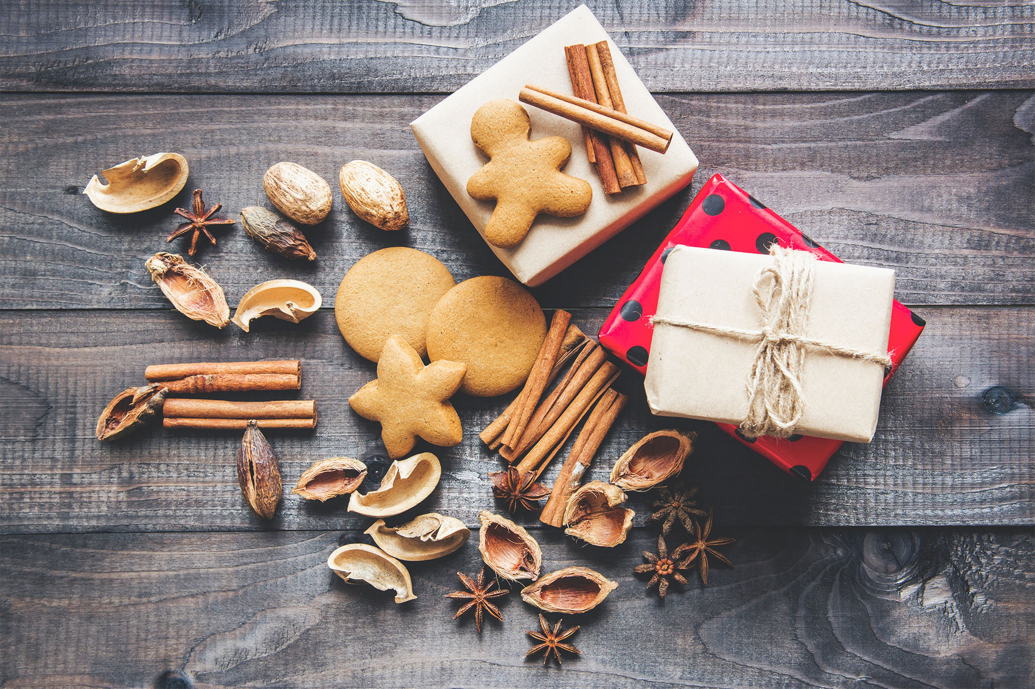 Holiday spices, cookies, and little presents