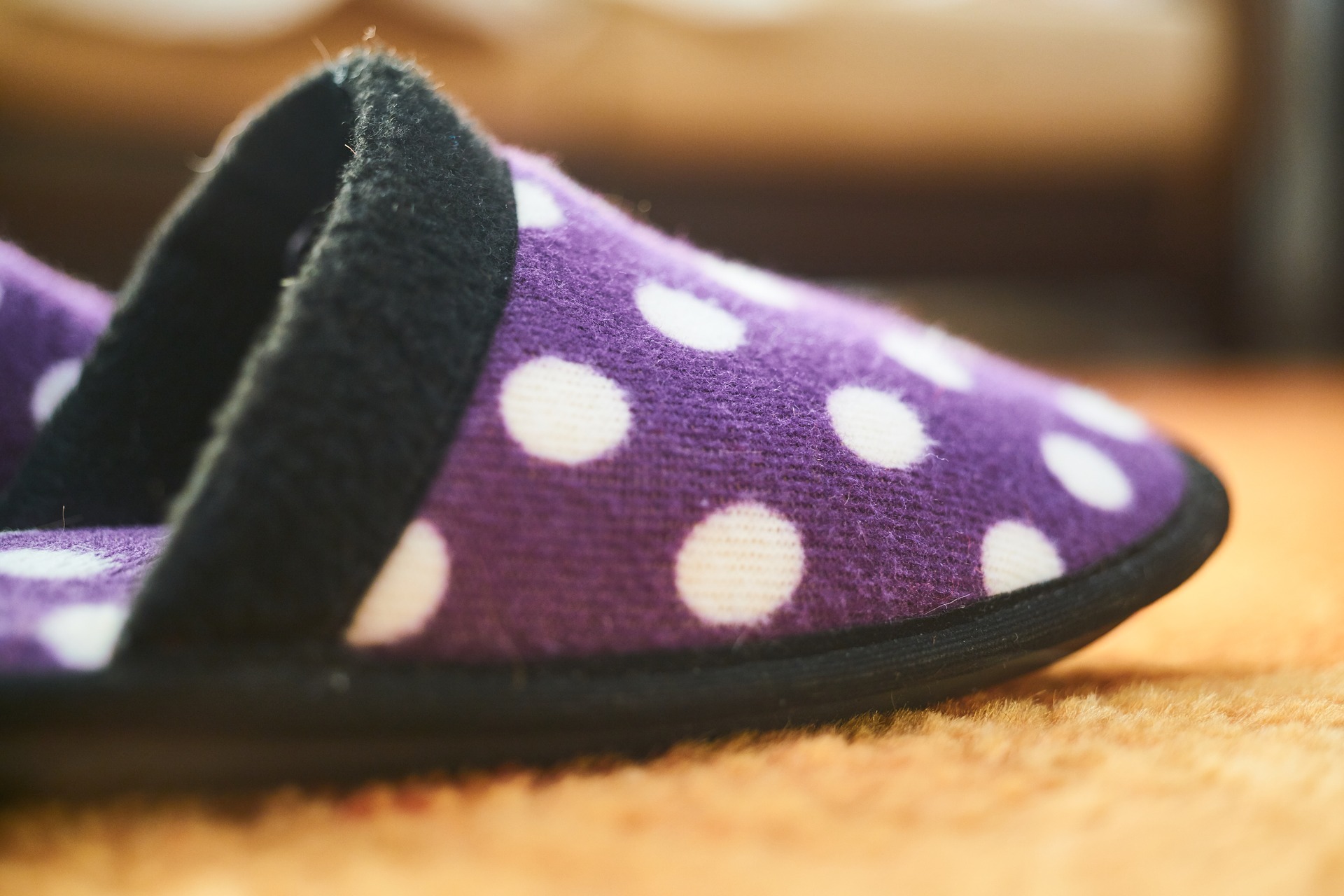 Purple and white polkadot slippers