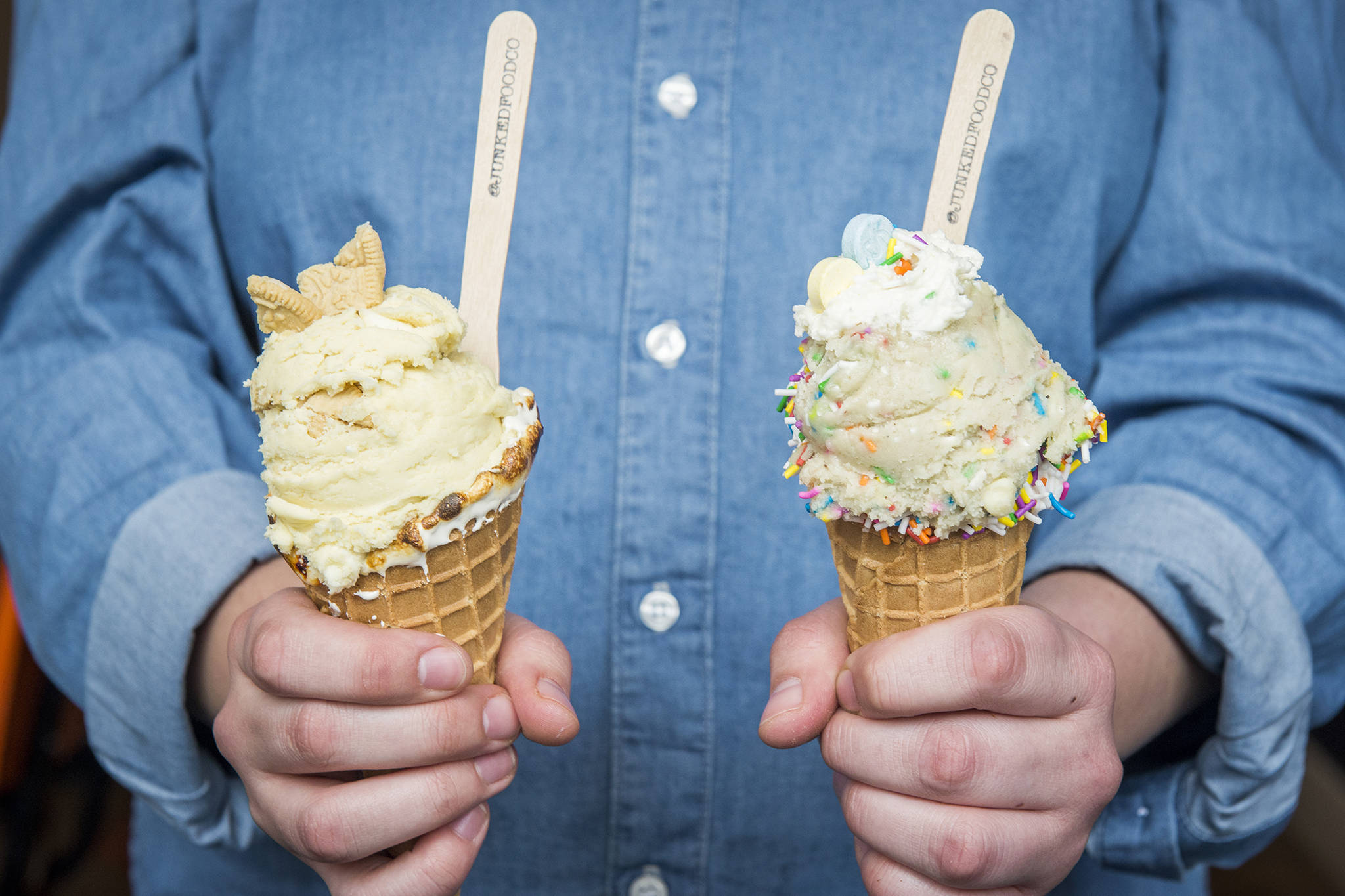 Cookie dough ice cream in two ice cream cones