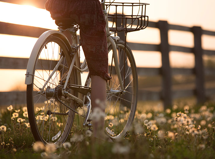 Someone riding a bike through a field at sunset