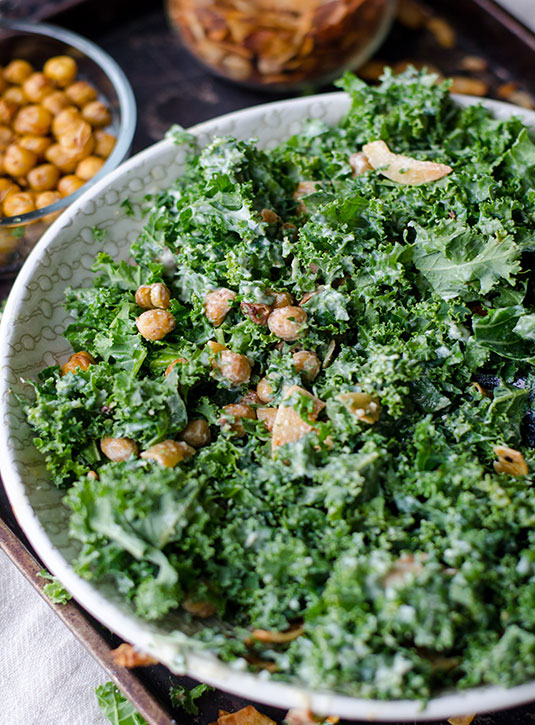 Healthy kale caesar salad with chickpeas