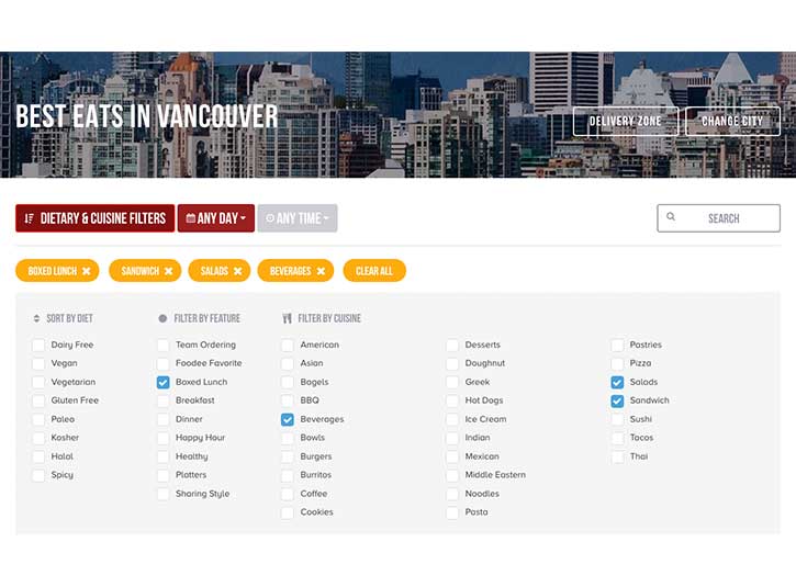 A screenshot from Foodee's website that says 'Best eats in Vancouver' with some dietary and cuisine filters selected