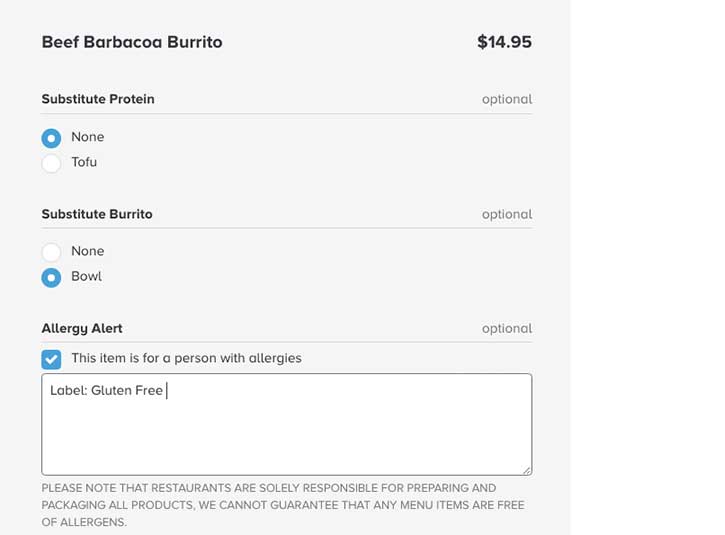 A screenshot from Foodee's ordering site with the example of 'Beef Barbacoa Burrito' selected with selections like substitute protein or burrito to a bowl with a notes section for allergy alert saying 'Gluten Free'