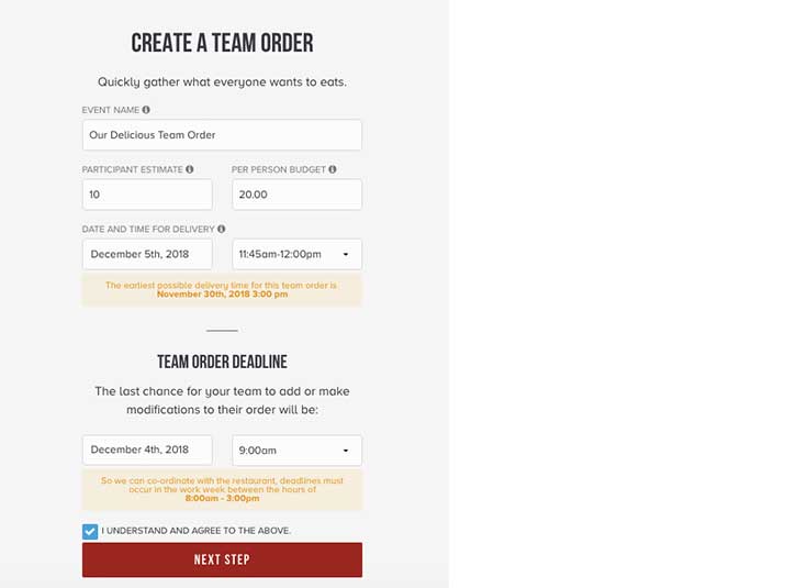 A screenshot from Foodee that says 'Create a Team Order' with prompts to fill out such as event name, number of eaters, date, and time for delivery as well as a 'Team Order Deadline' date and time selection.