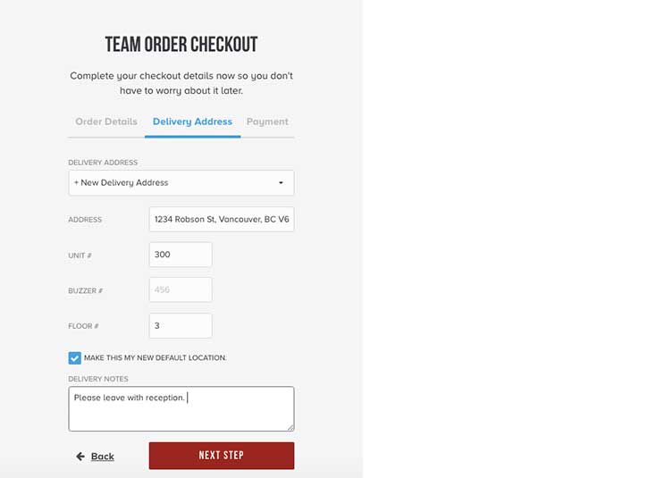 A screenshot from Foodee saying 'Team Order Checkout' with delivery address questions to fill out