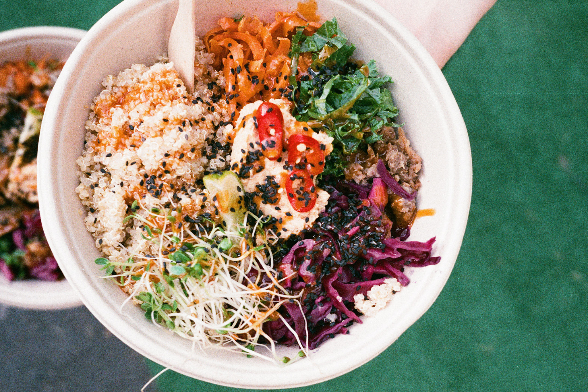 Takeout vegetarian rice bowls for office lunch