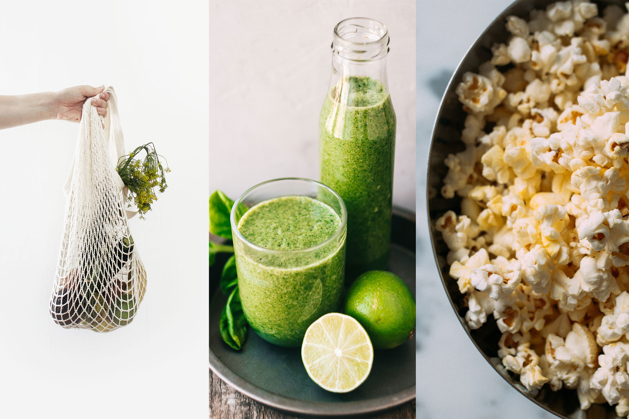 Three images in one to showcase Foodee's top three blog posts on food waste, juicing diets, and popcorn for movie night