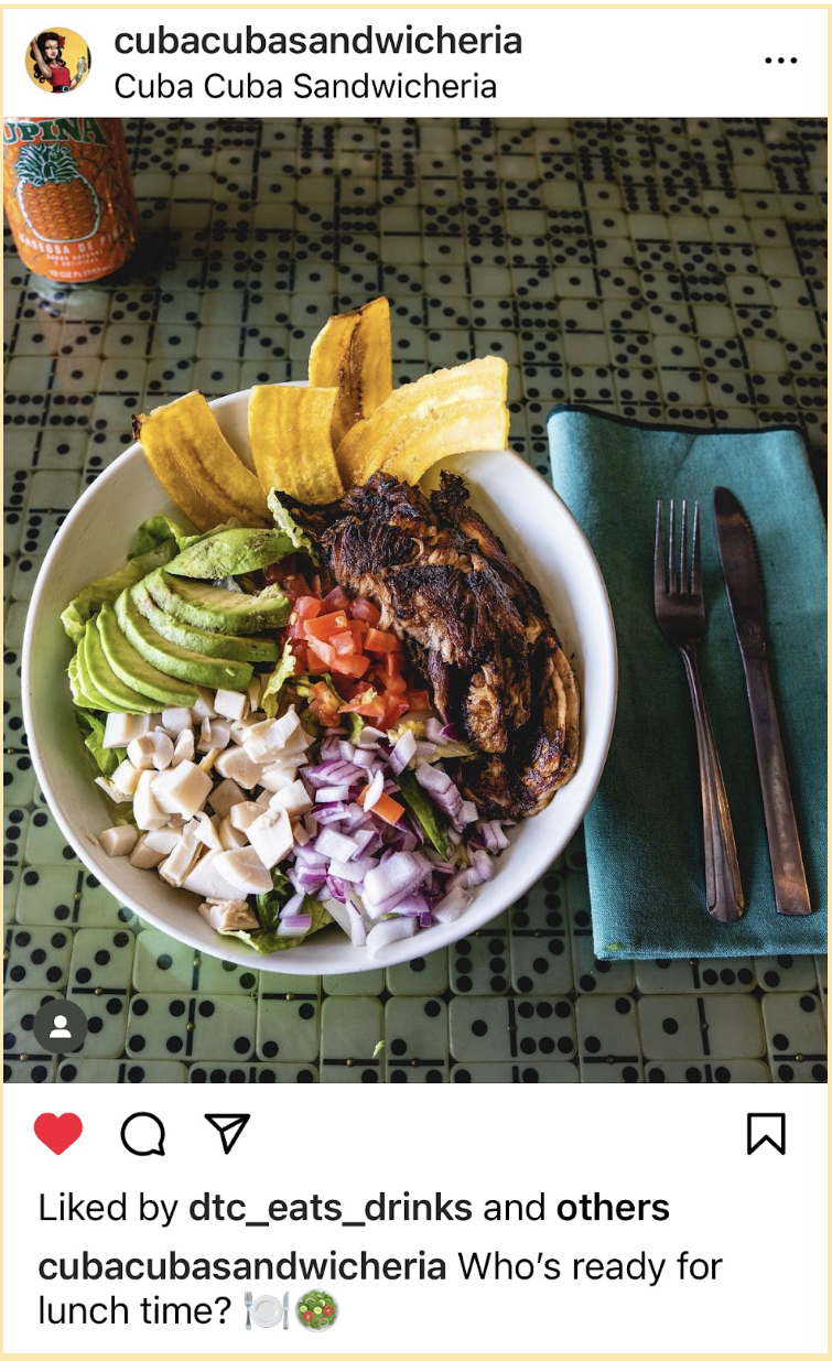Screenshot of Cuba Cuba Sandwicheria's Instagram post of food