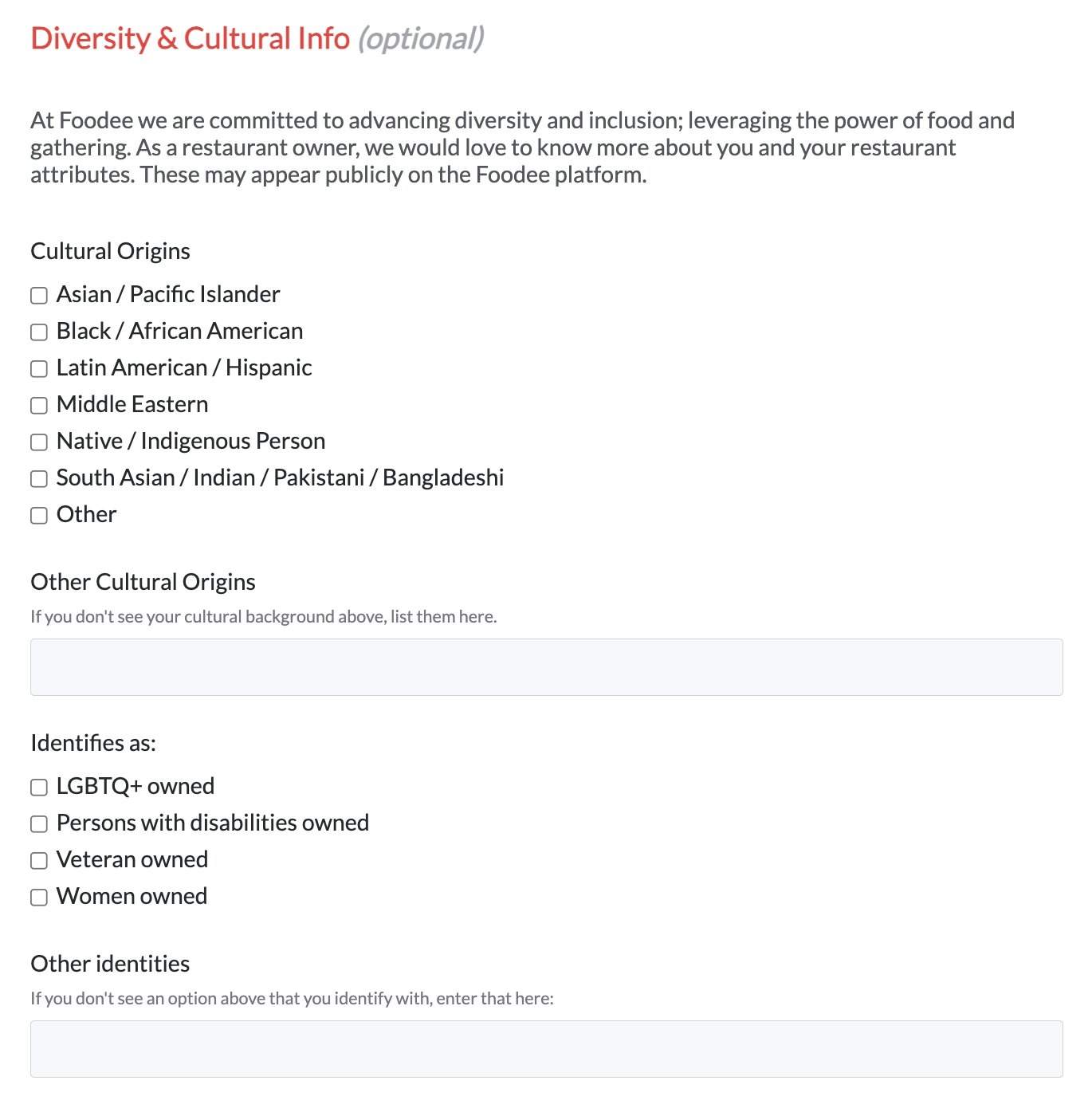 Screenshot of an optional section on the Foodee Partner form about diversity and cultural information