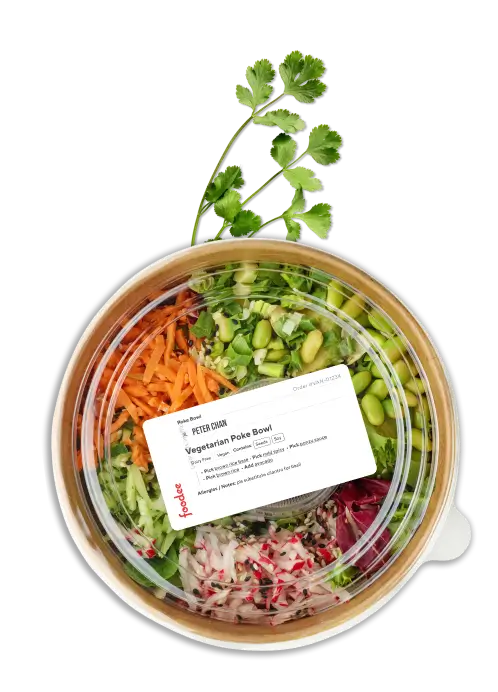 A vegetarian Poke Bowl with beens, chopped carrots, cucumbers, beats and cabbage.