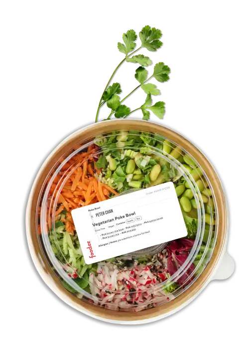 A to-go packaged vegetarian Poke Bowl with beans, chopped carrots, cucumbers, beets and cabbage.