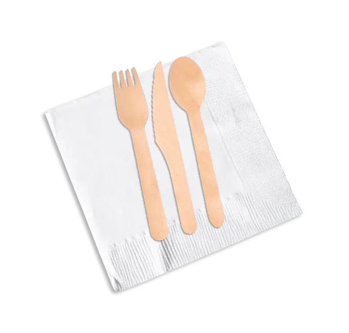 A wooden fork, knife, and spoon on a white serviette.