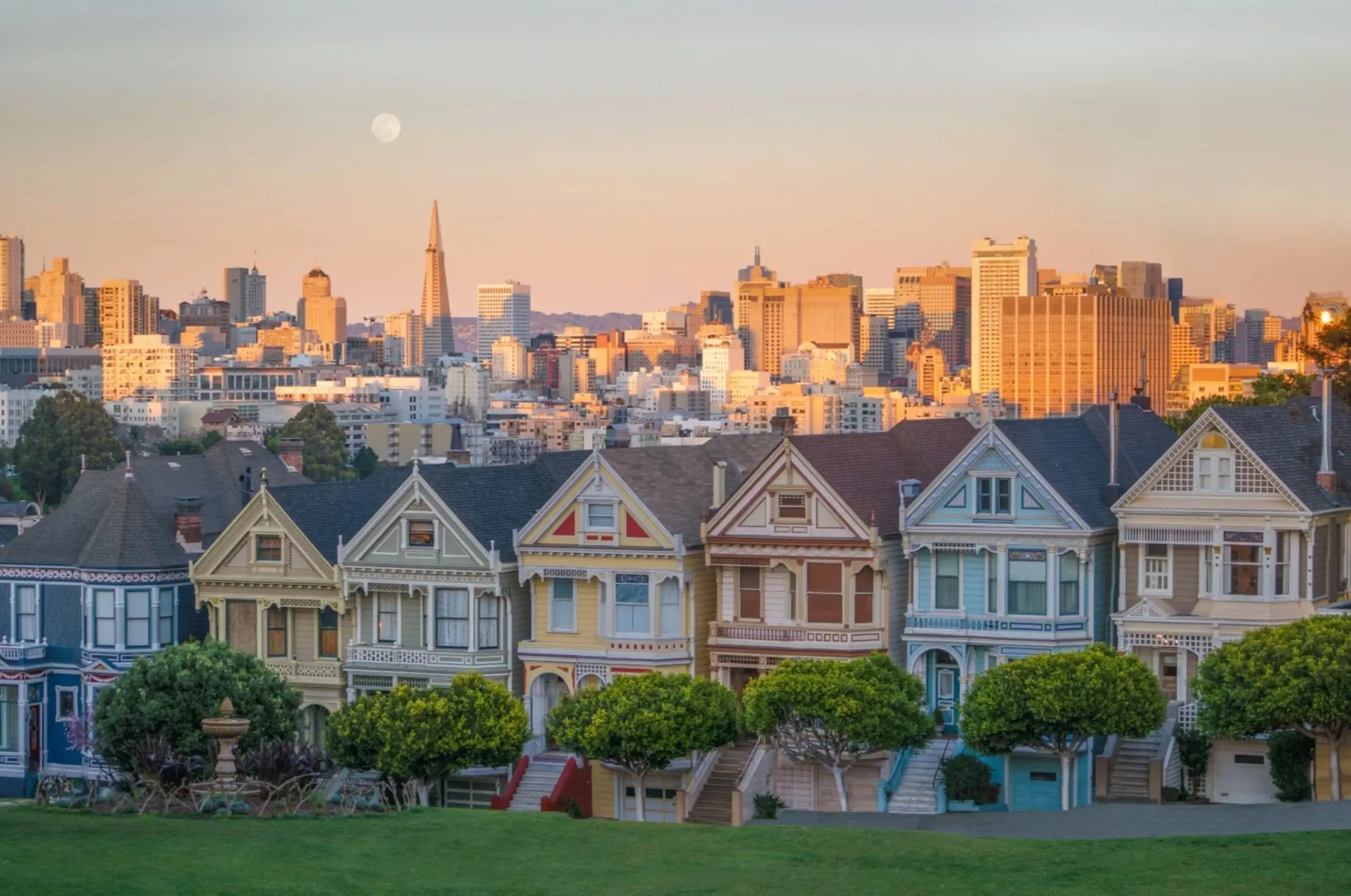 The "Painted Ladies", a famous row of Victorian houses in San Francisco with the city's skyline in the background