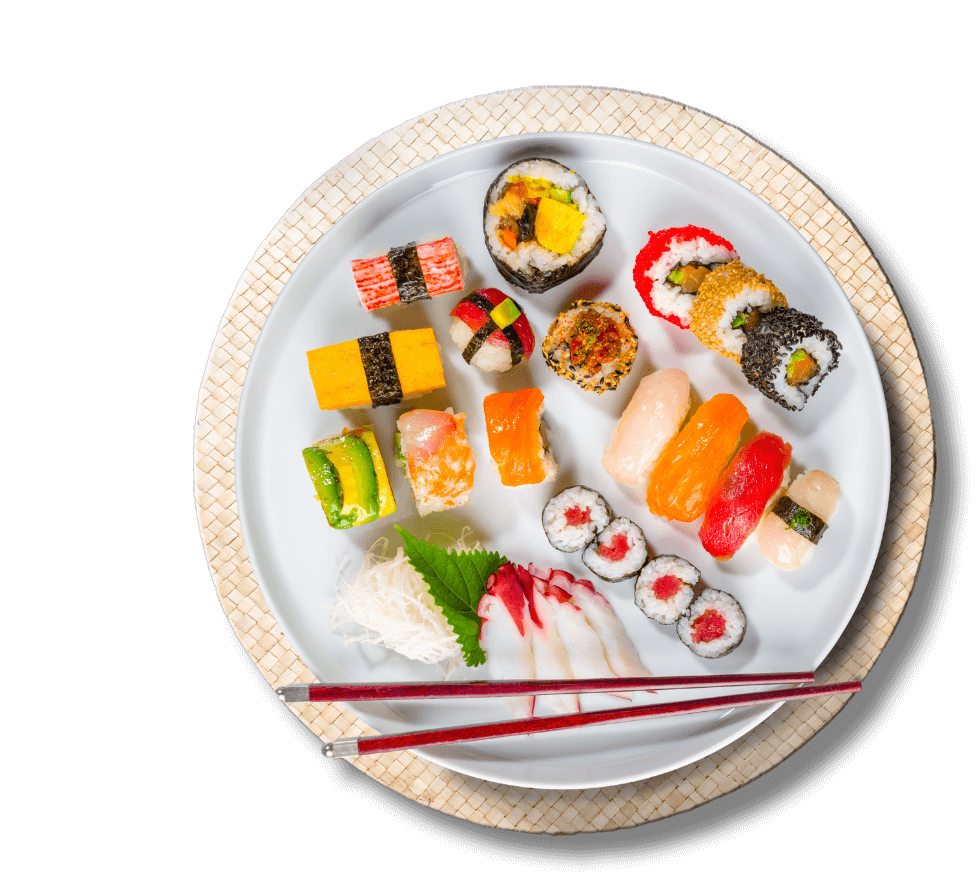 A plate of assorted sushi.