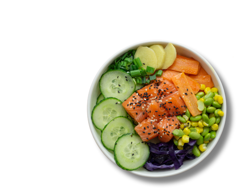 A bowl of tuna with sliced cucumbers, carrots, cabbage, and green beens.