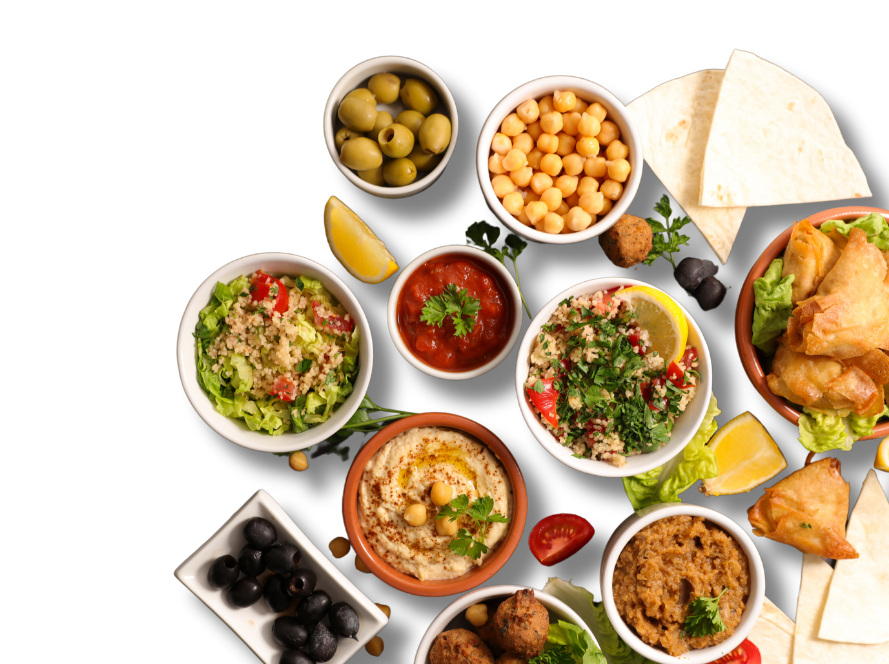 Plates of humus, falafel and salads.